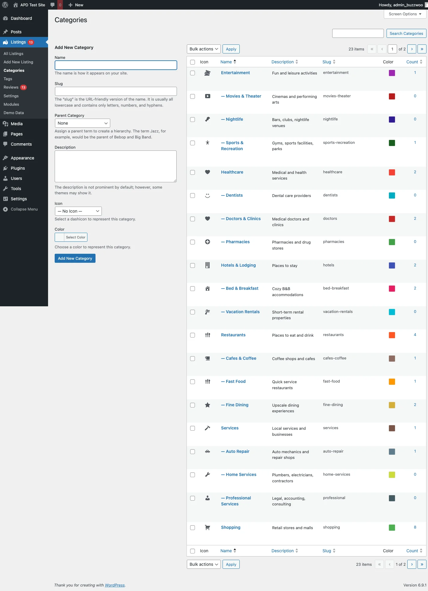 Category management page with hierarchical categories, descriptions, and listing counts