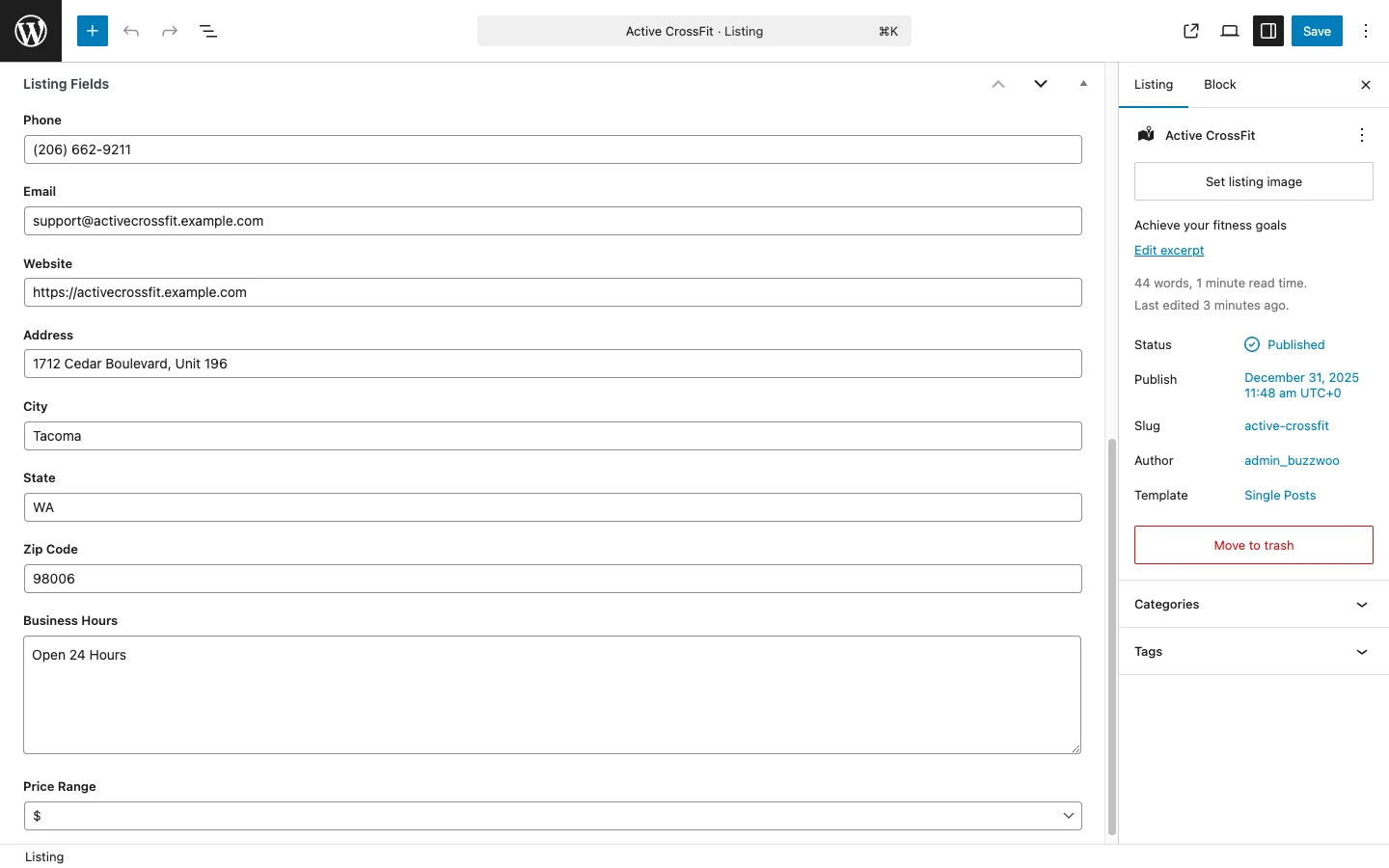 Listing Fields meta box showing phone, email, website, address, business hours, and price range