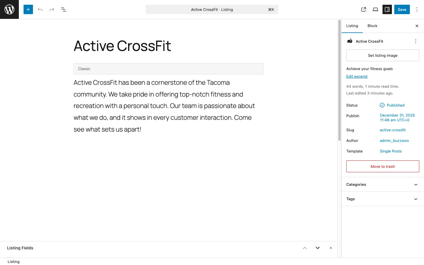 WordPress block editor showing a listing with title, content, and sidebar meta