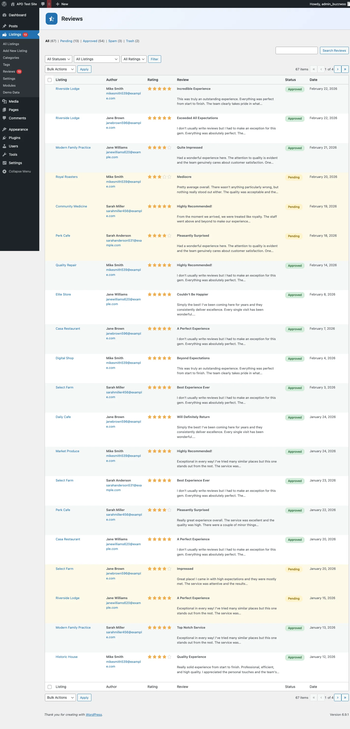 Admin review management showing ratings, authors, and moderation status