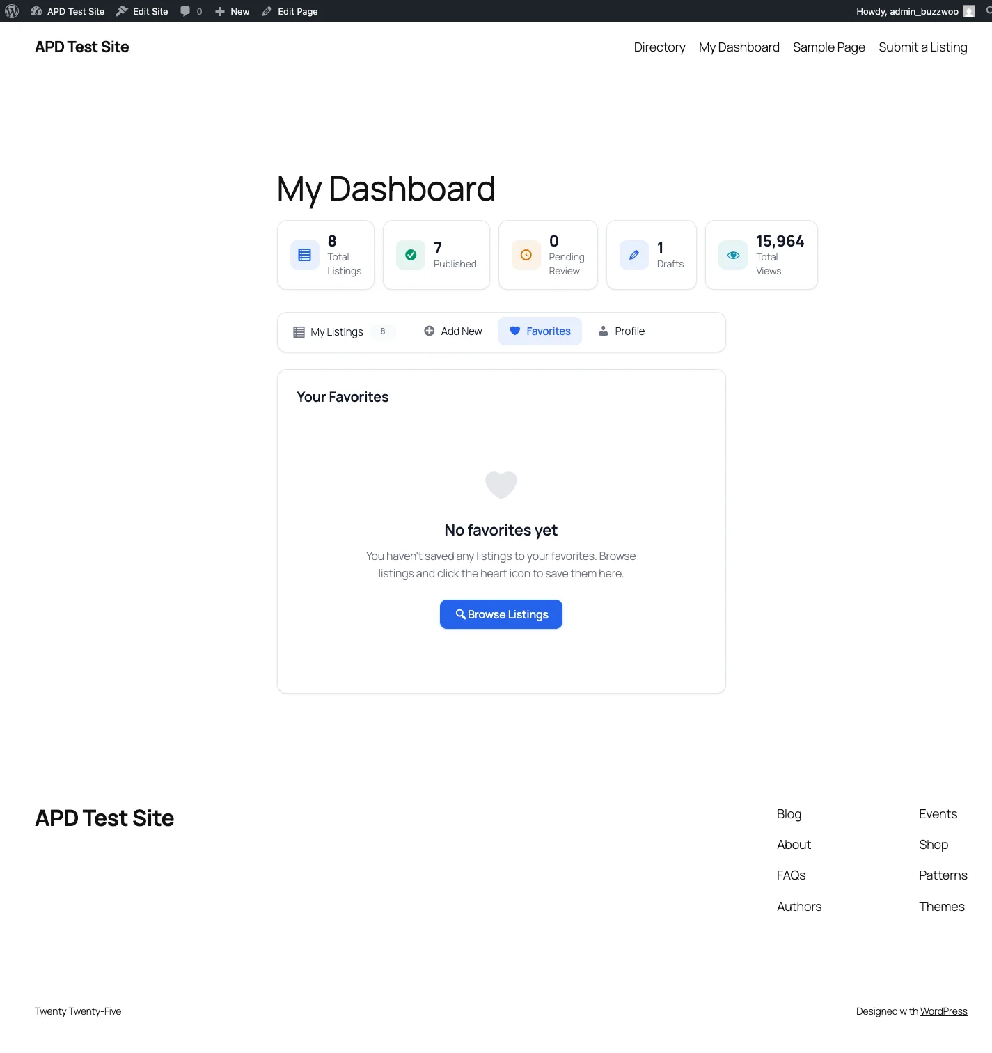 User dashboard Favorites tab showing empty state with Browse Listings button