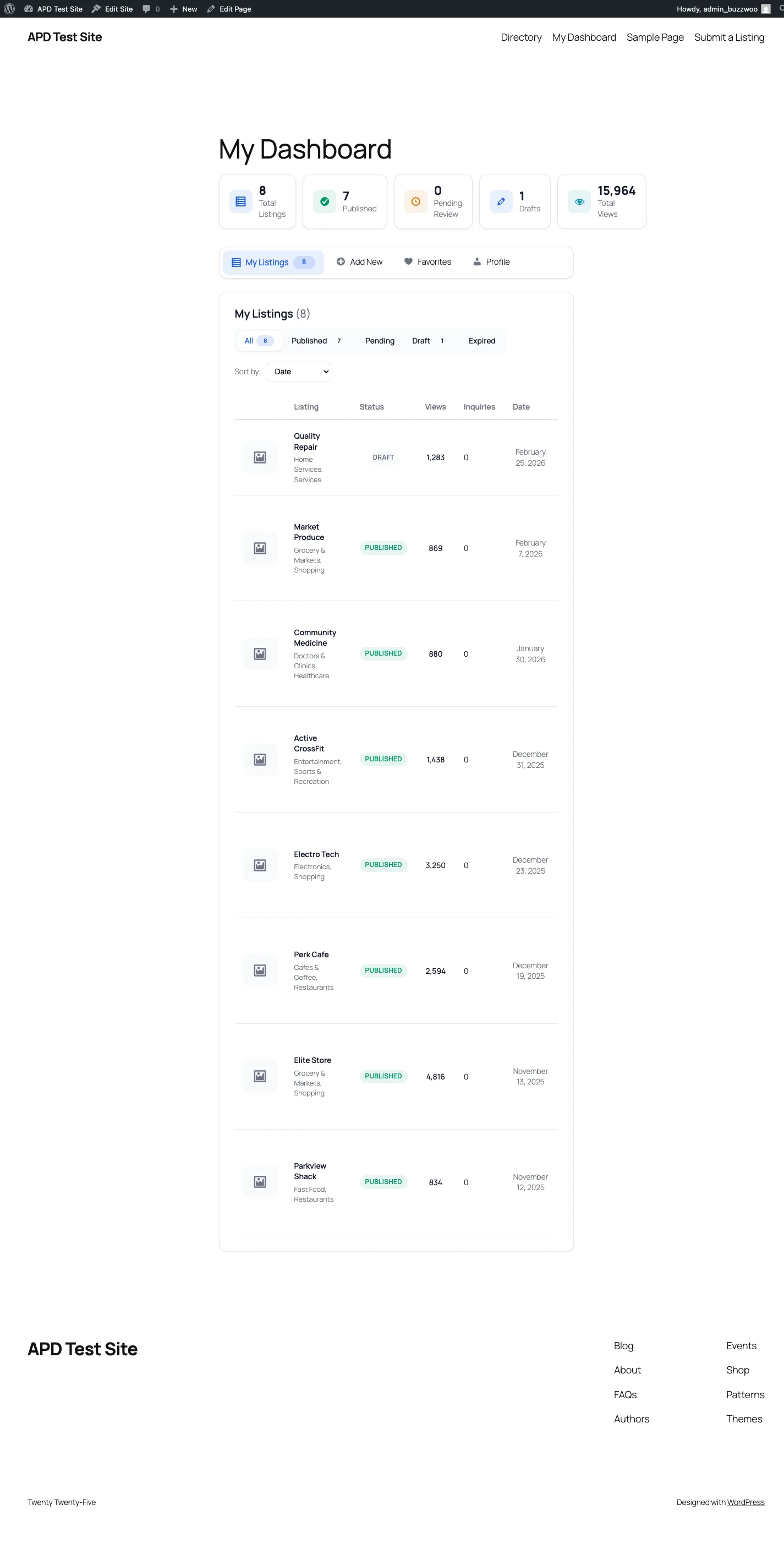 User dashboard showing My Listings tab with stats cards, status filters, and listing table