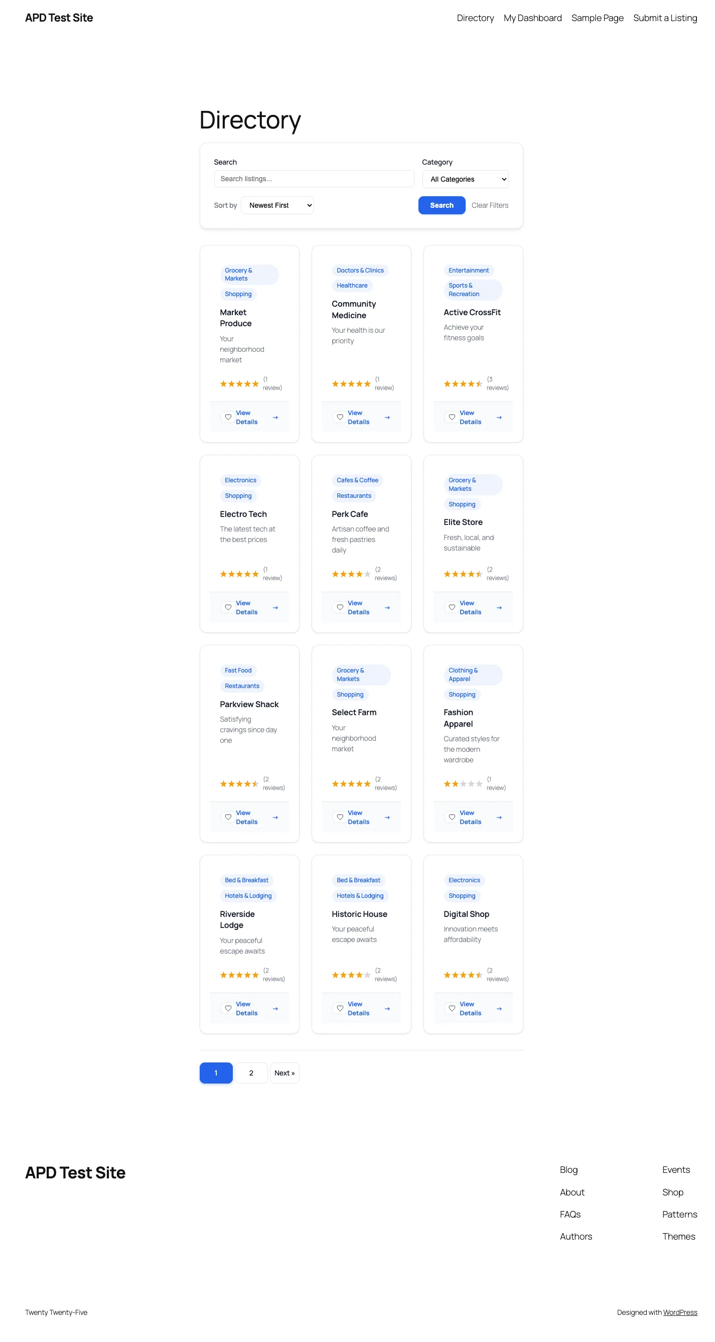 DamDir Directory — directory grid view with search, categories, ratings, and listing cards