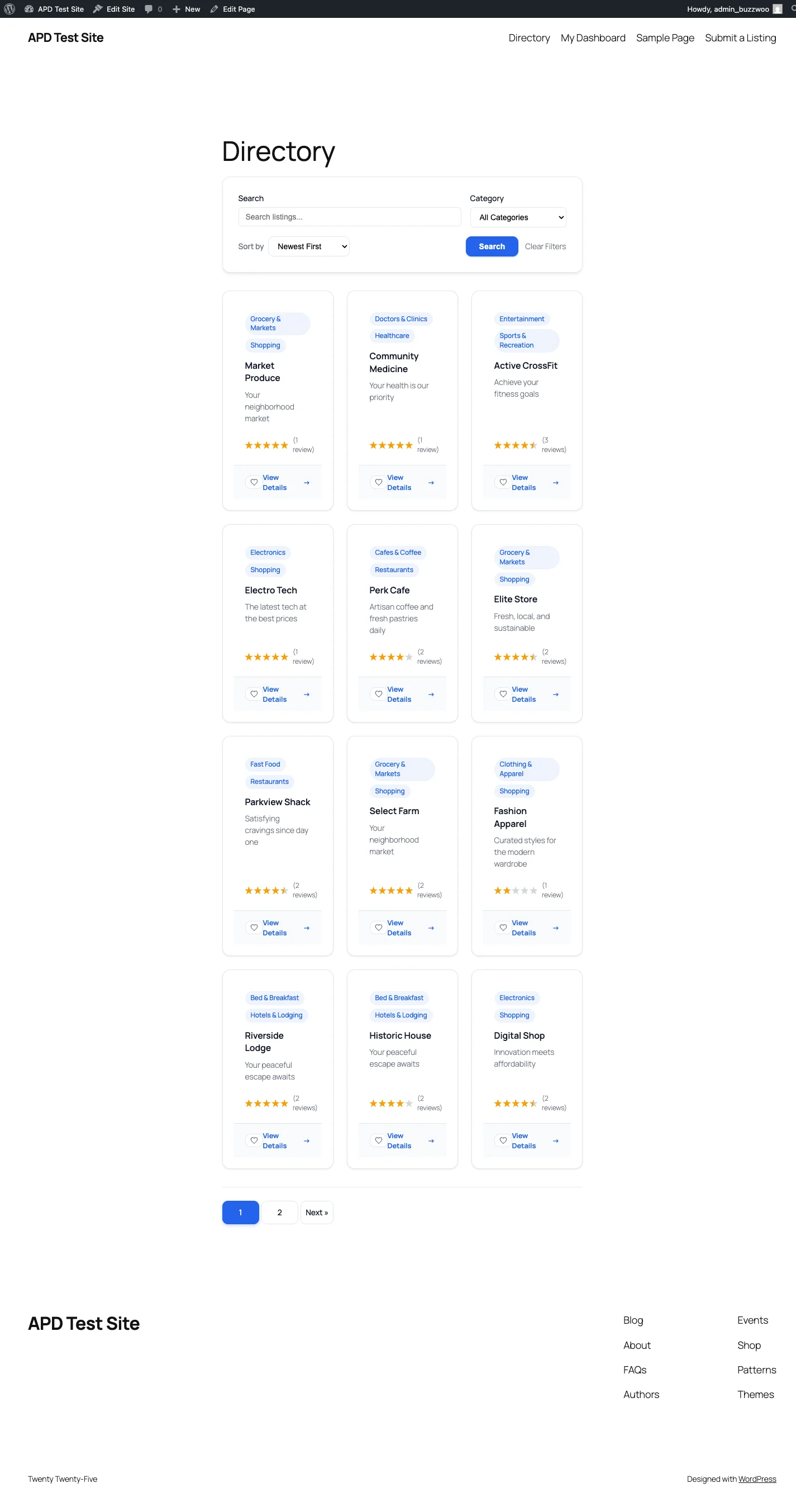 Directory page with search bar, category dropdown, sort control, and listing grid with ratings