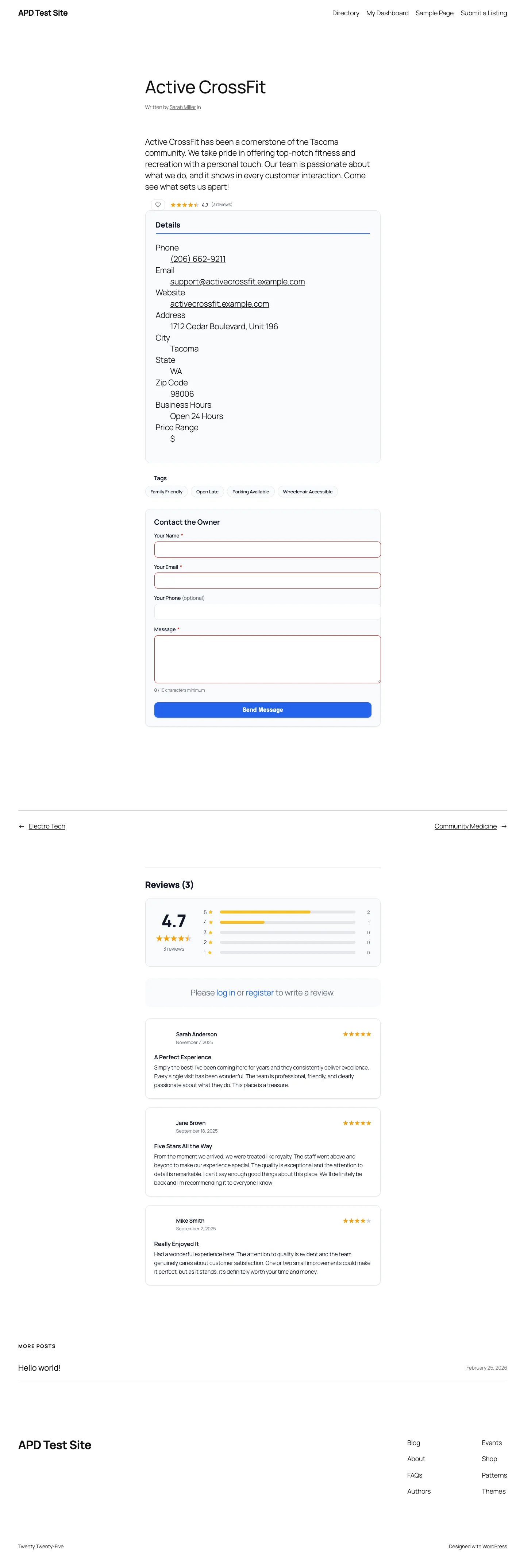 Single listing page showing details, contact form, review summary with 4.7 average, and individual reviews