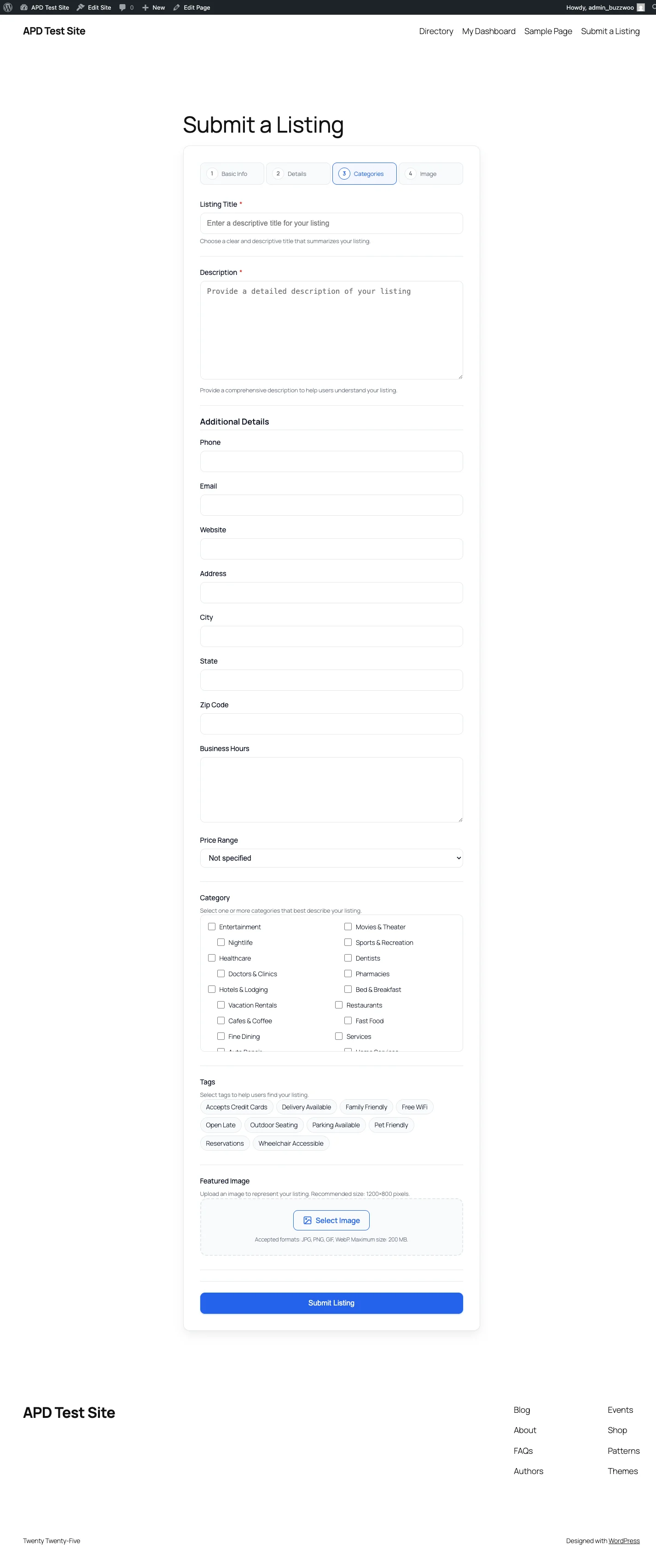 Frontend submission form with multi-step tabs, fields, category checkboxes, tags, and image upload
