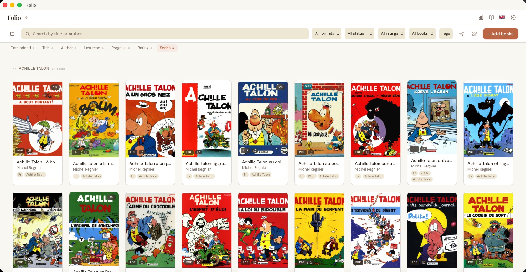 Carrel library view showing a shelf of Achille Talon comics with covers, series metadata, and filters
