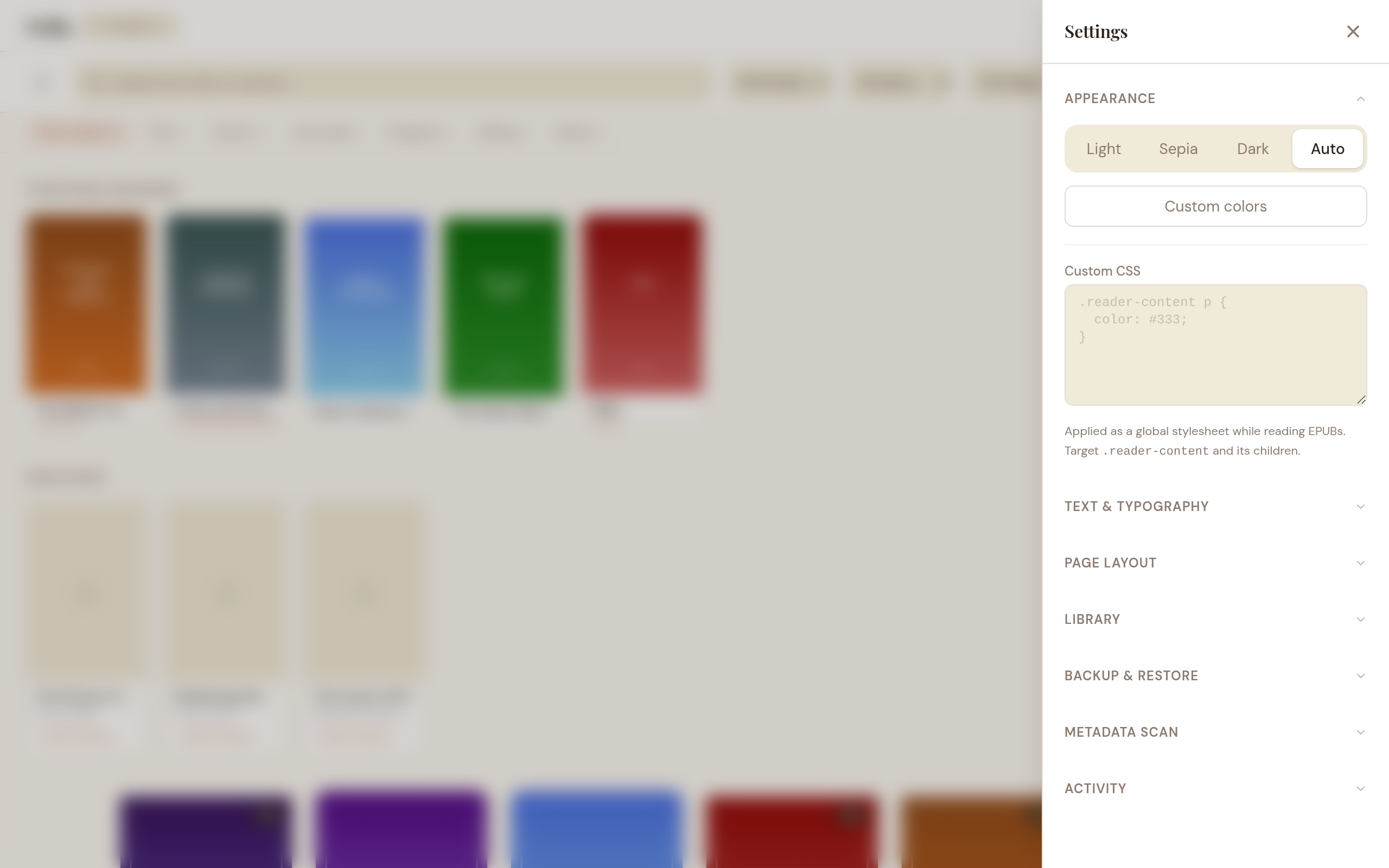 Settings panel showing theme selection, font options, and appearance controls