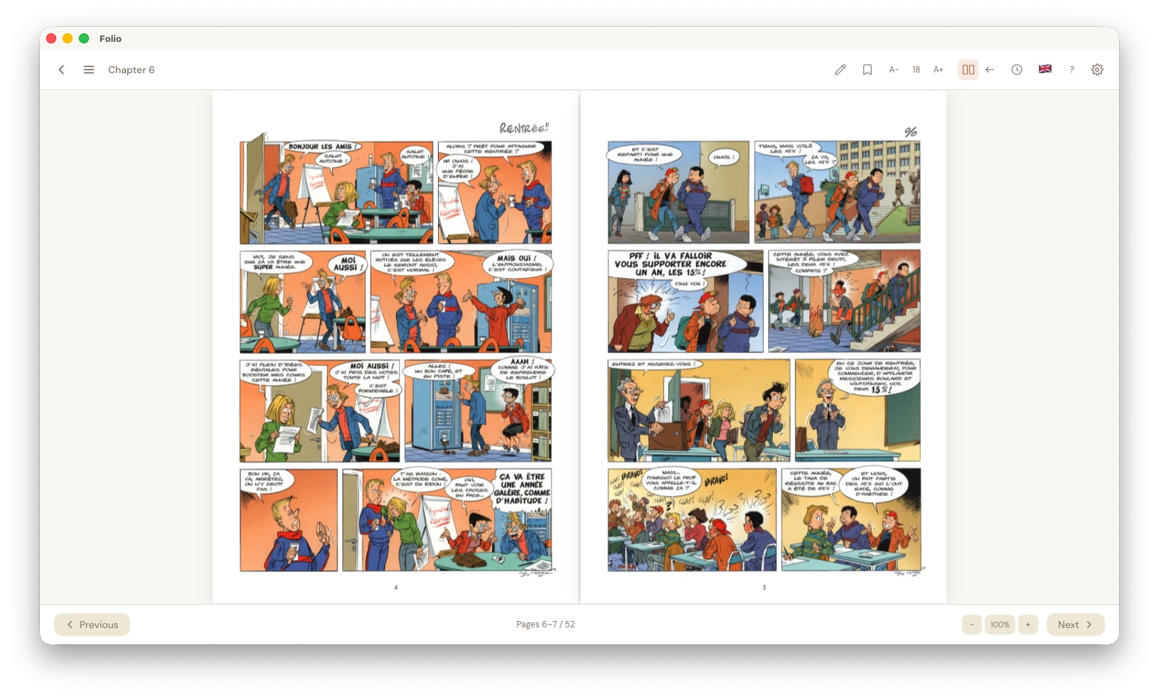 Comic book reader in dual-page spread mode showing two pages side by side