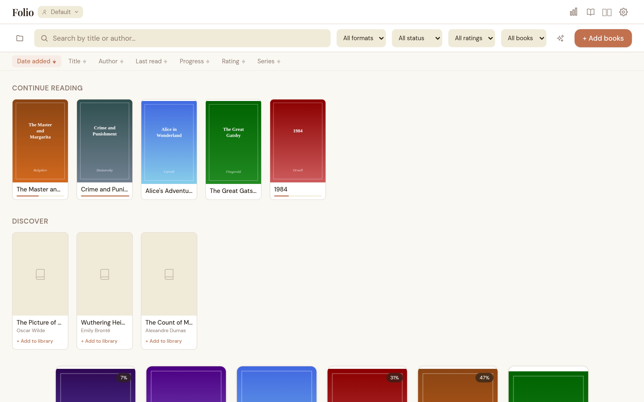 Folio library view in light theme showing book covers in a grid layout