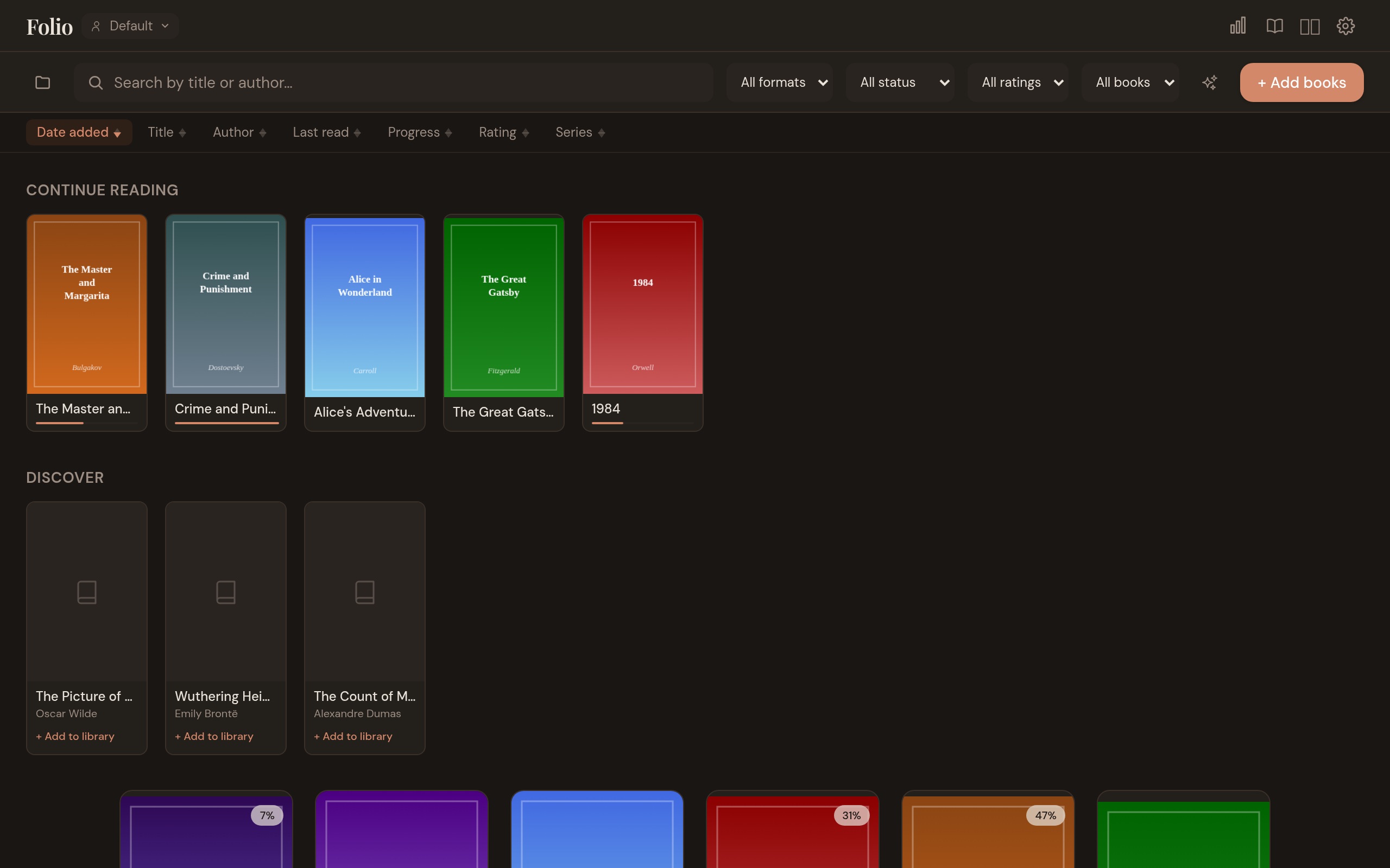 Folio library in dark theme with light text on a dark background