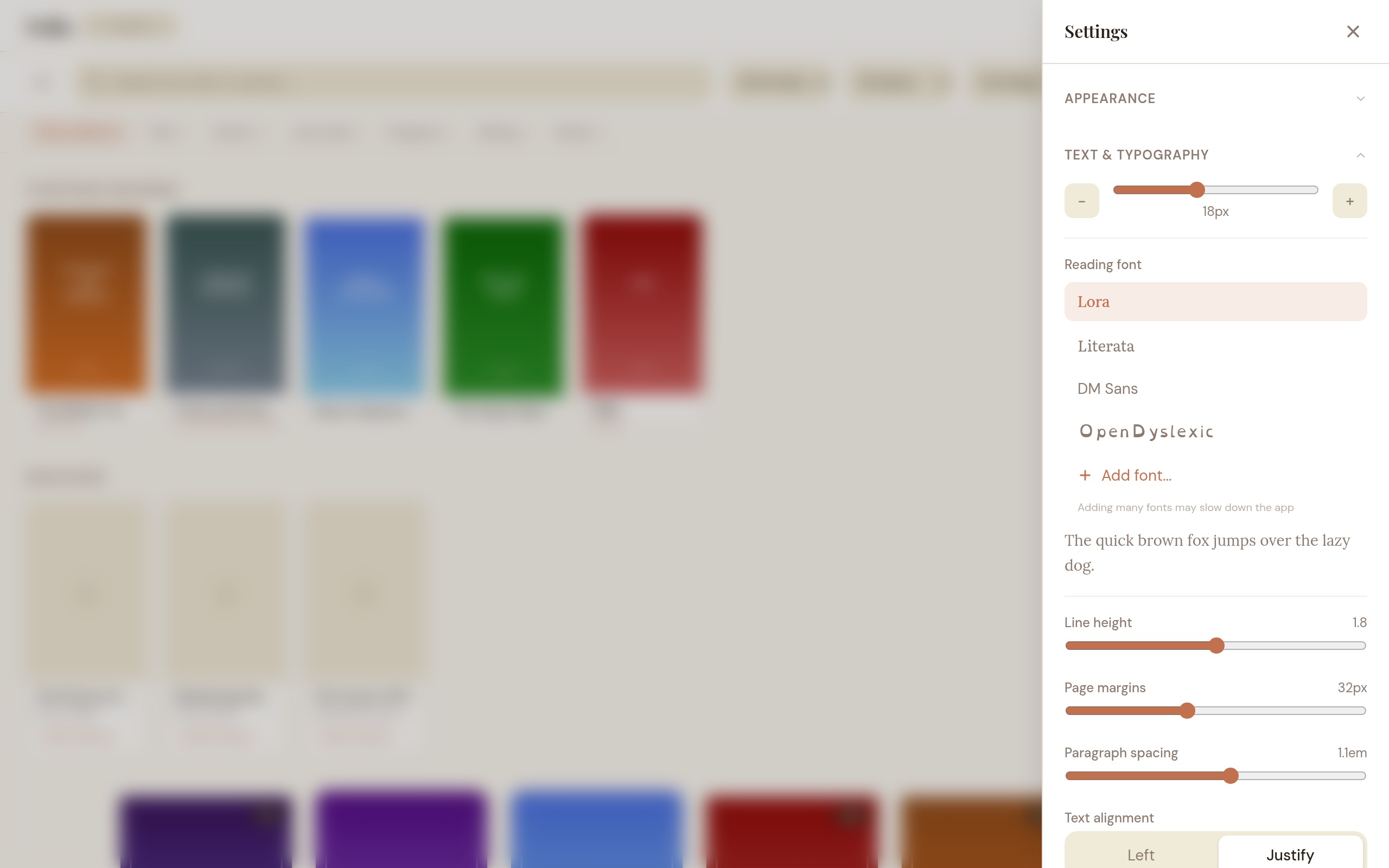 Typography settings showing font selection, line height, margins, and text alignment controls