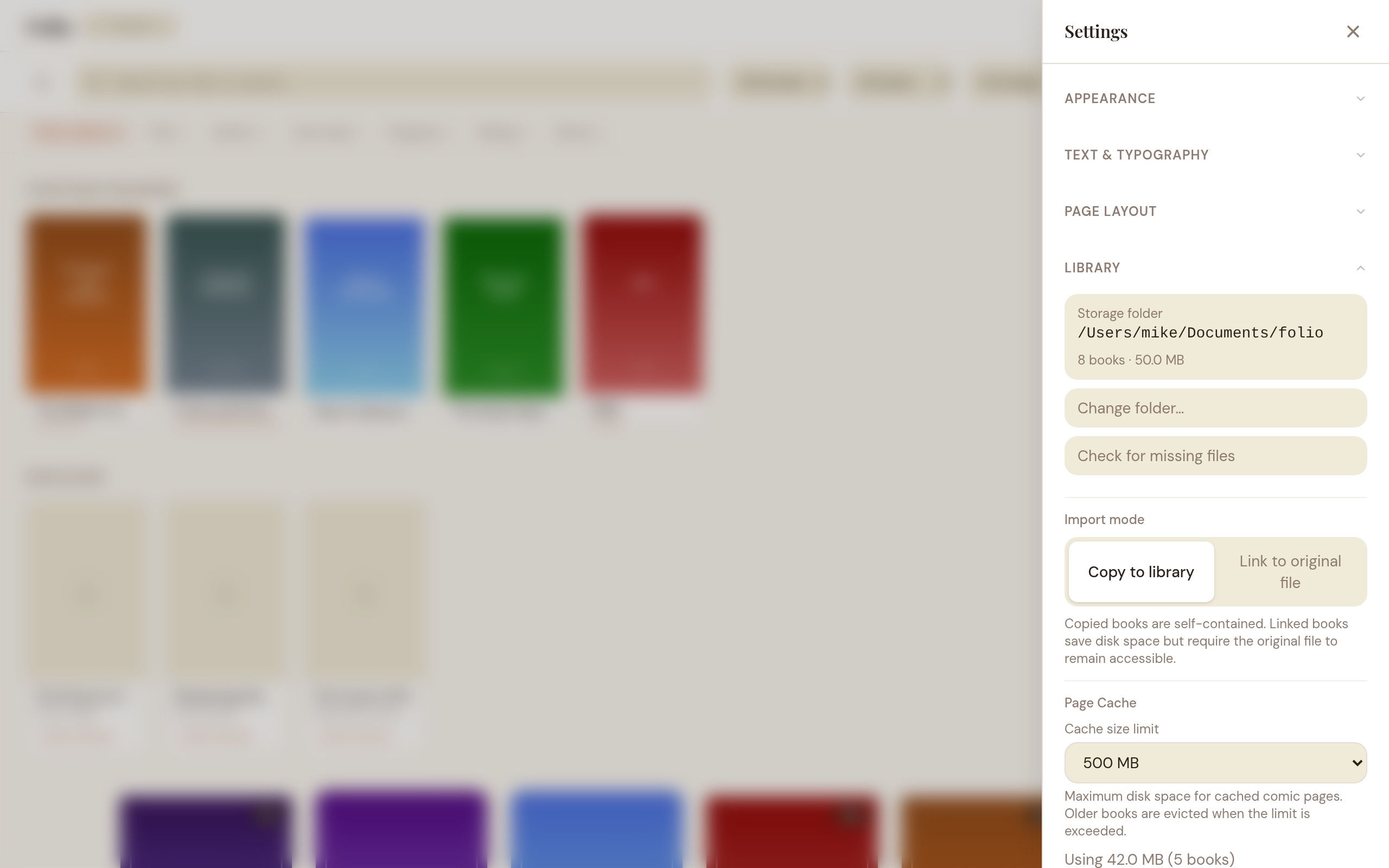 Library settings showing import mode toggle, library folder path, and linked books options