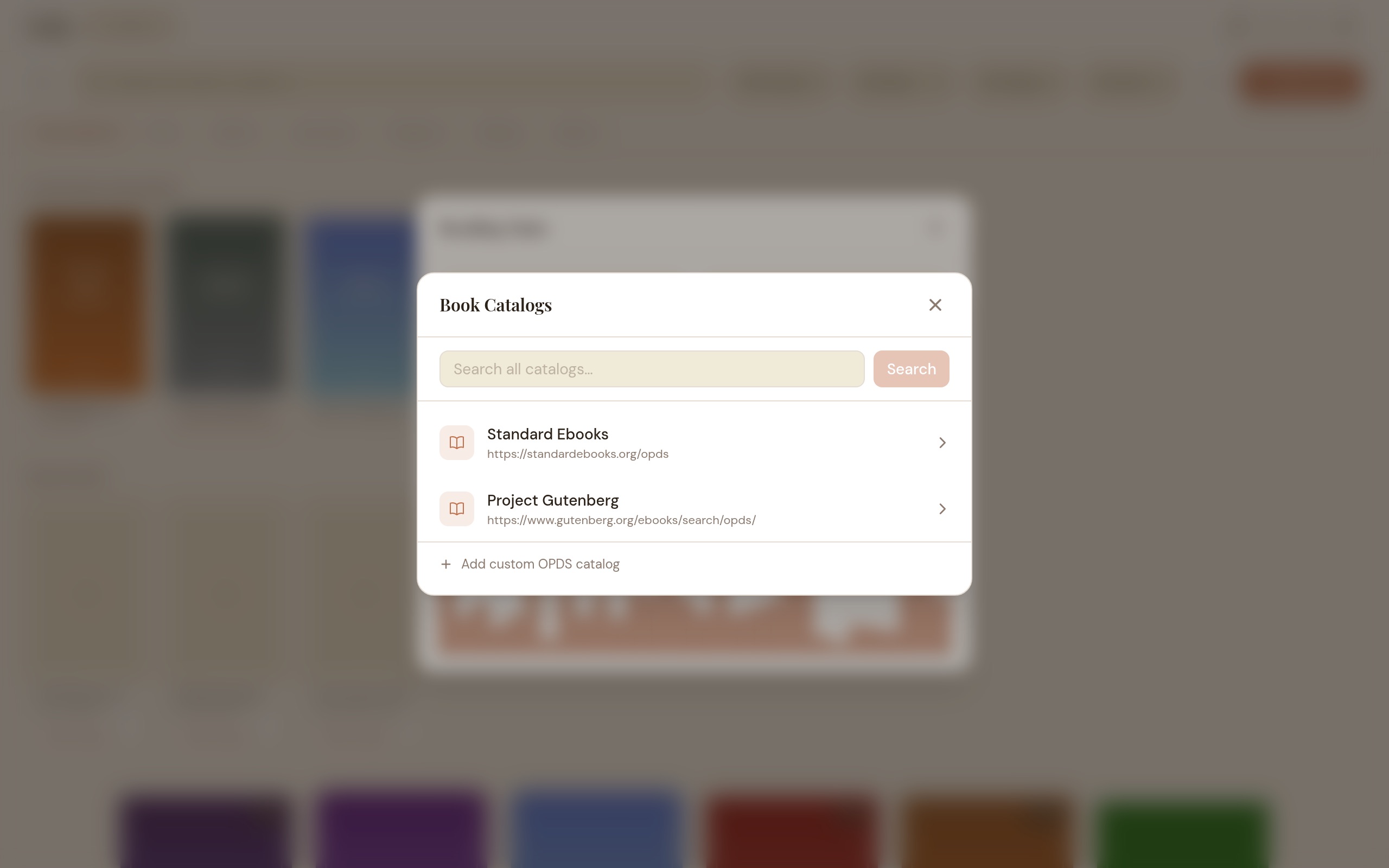 OPDS catalog browser showing available catalogs and book entries