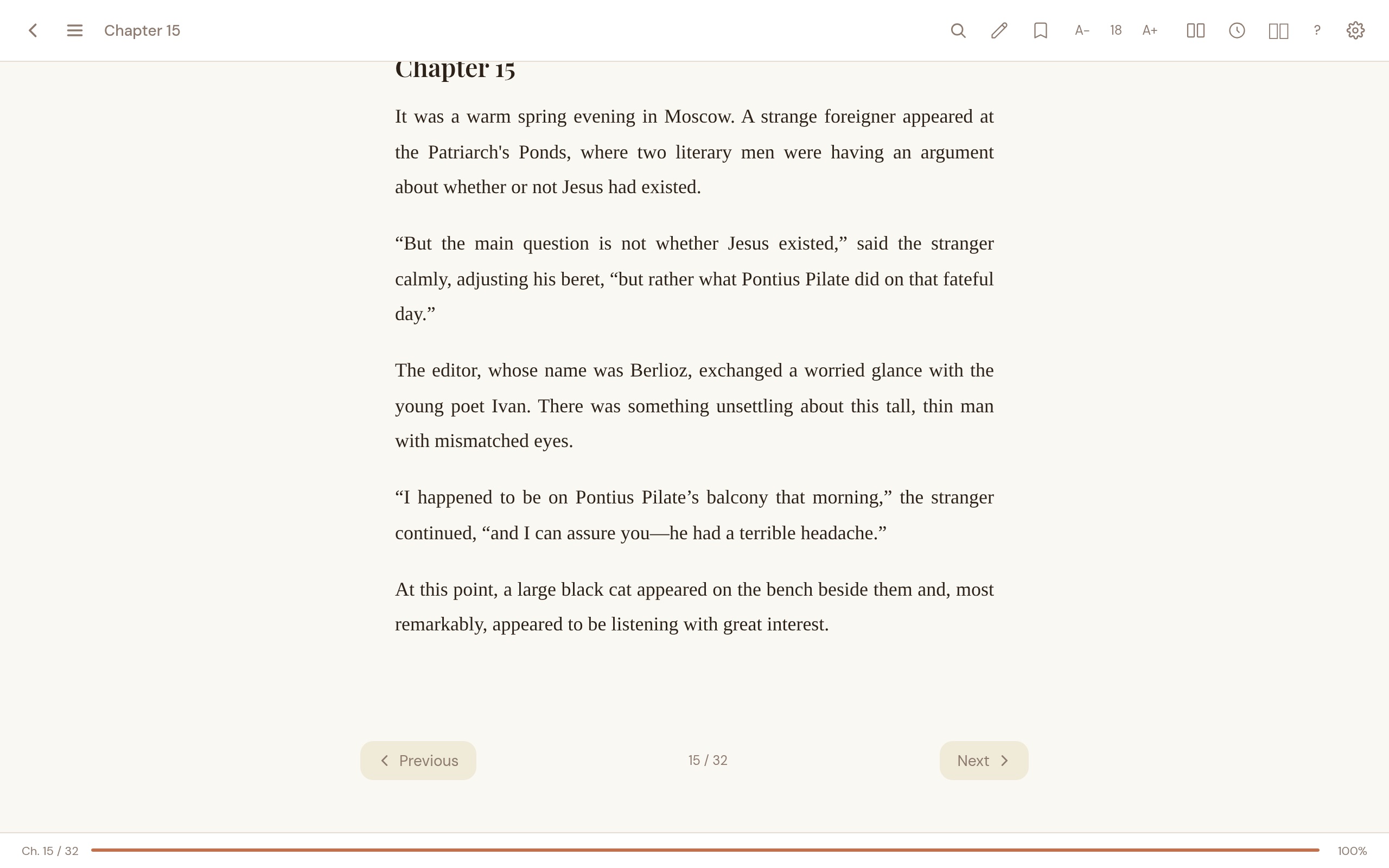 EPUB reader showing a book chapter with reading controls