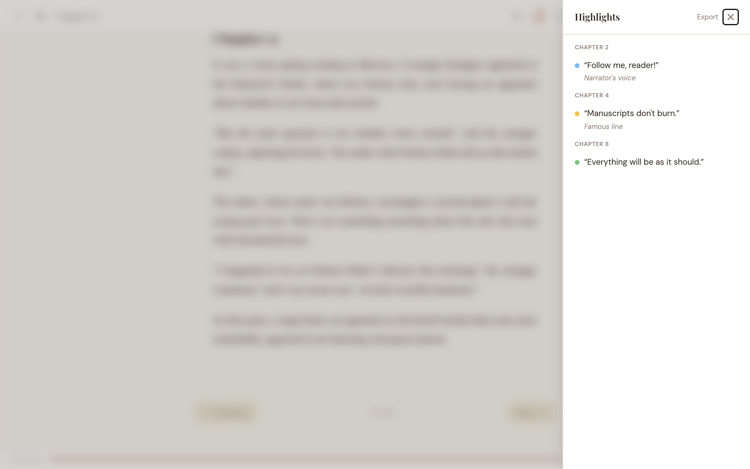 Highlights panel showing color-coded text highlights grouped by chapter