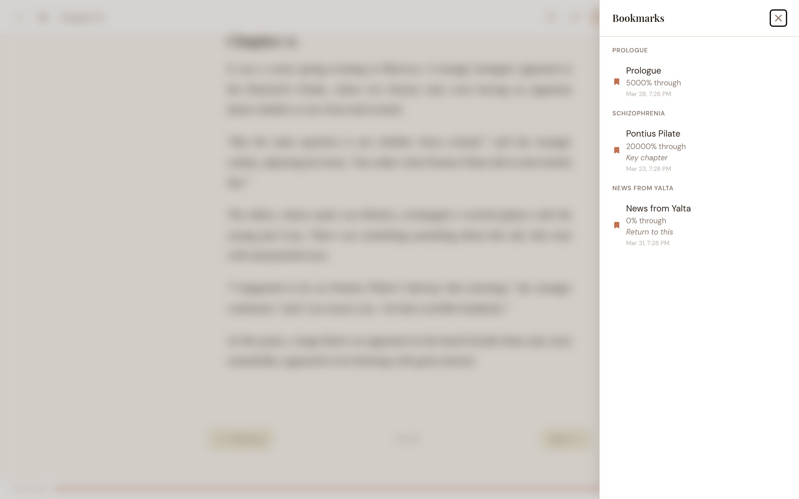 Bookmarks panel showing saved reading positions with names and chapter references