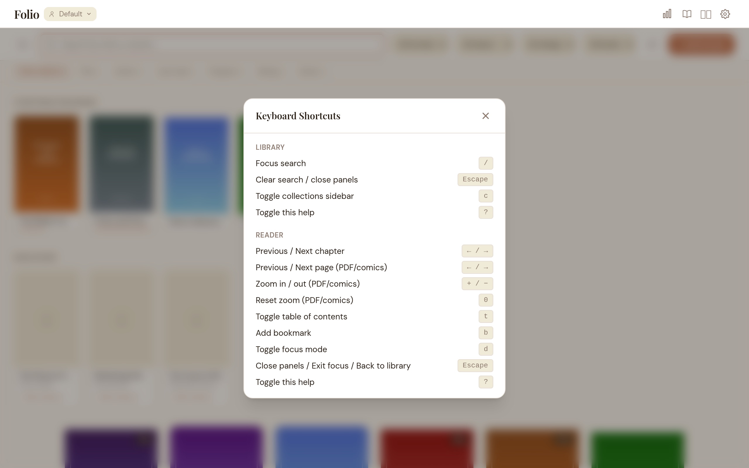 Keyboard shortcuts overlay showing all available shortcuts for library and reader