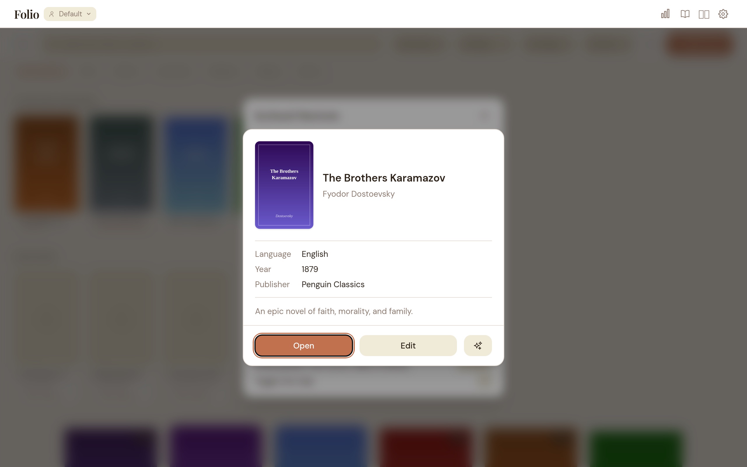 Book detail popup showing cover, metadata, and reading progress