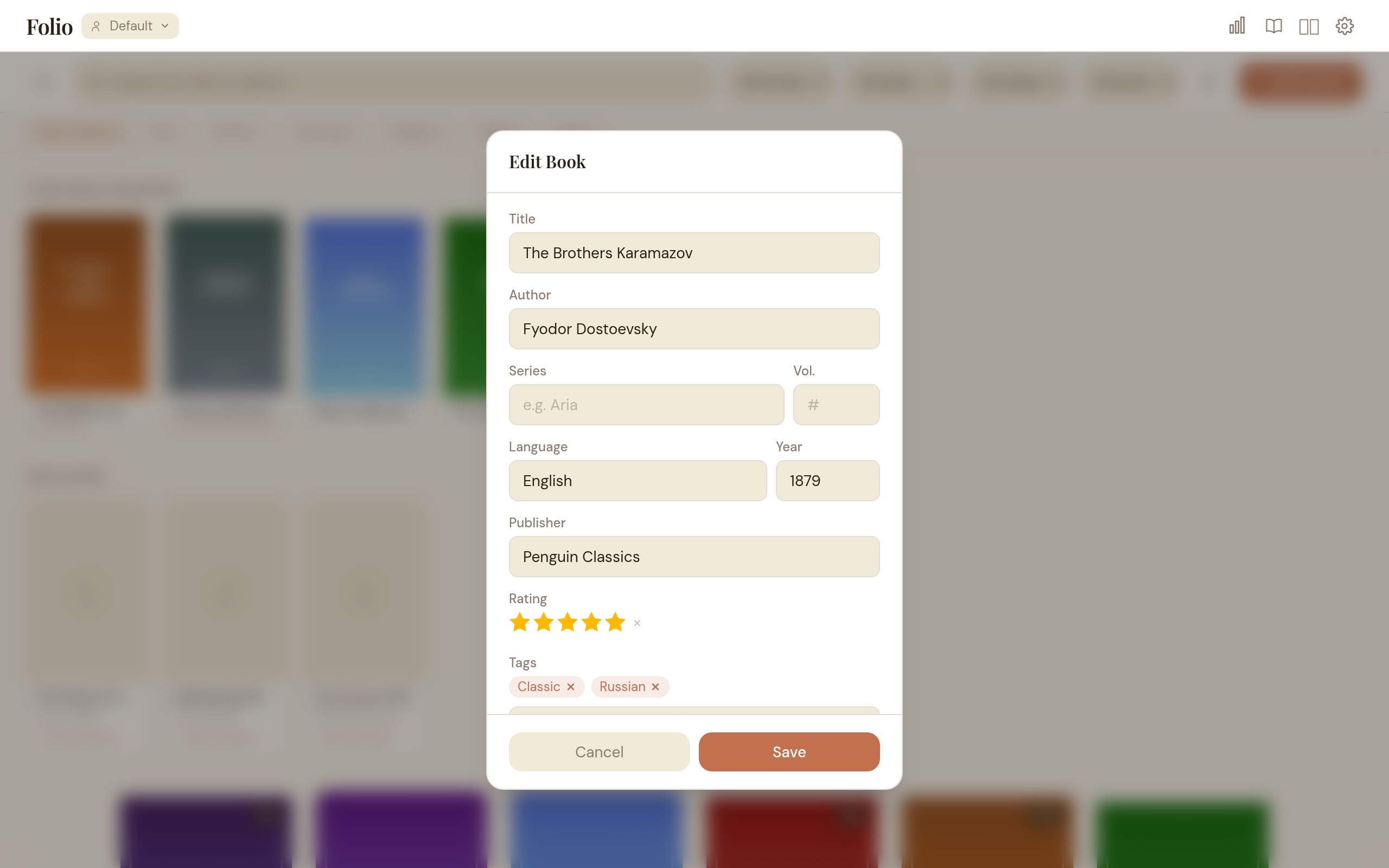 Edit book dialog showing metadata fields for title, author, series, cover, and tags