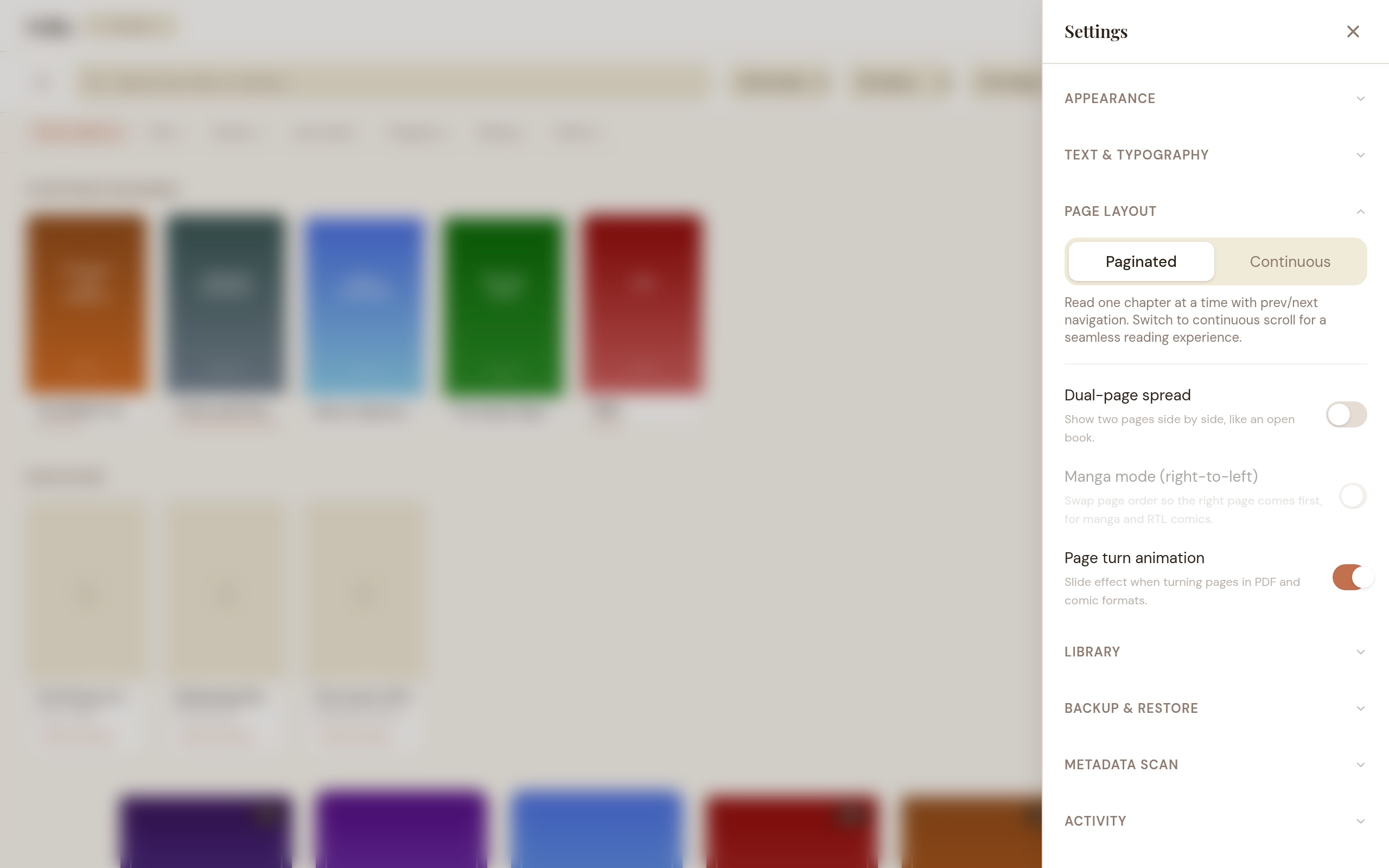 Page layout settings showing dual-page spread and reading mode options