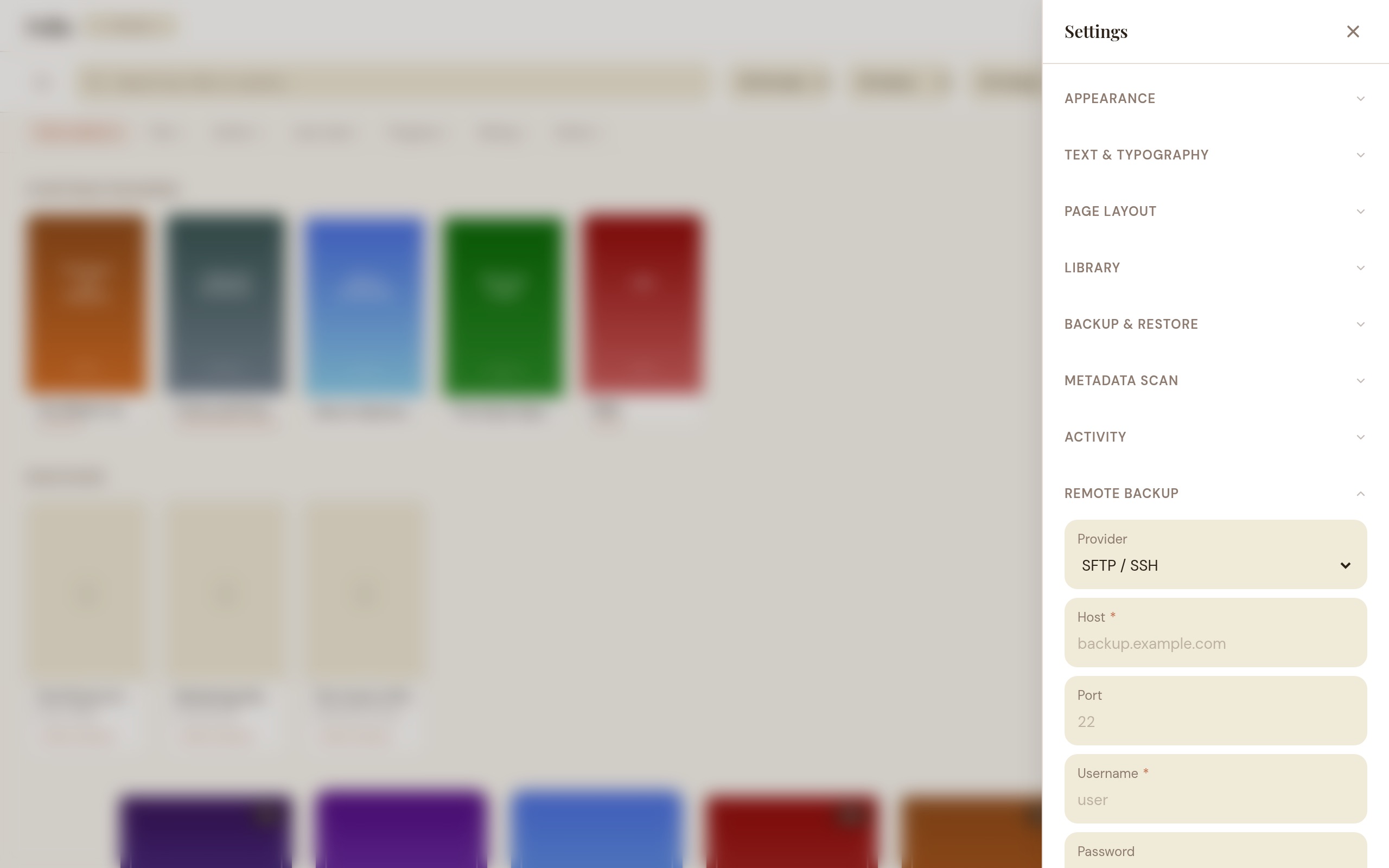 Remote backup settings showing provider selection and connection configuration